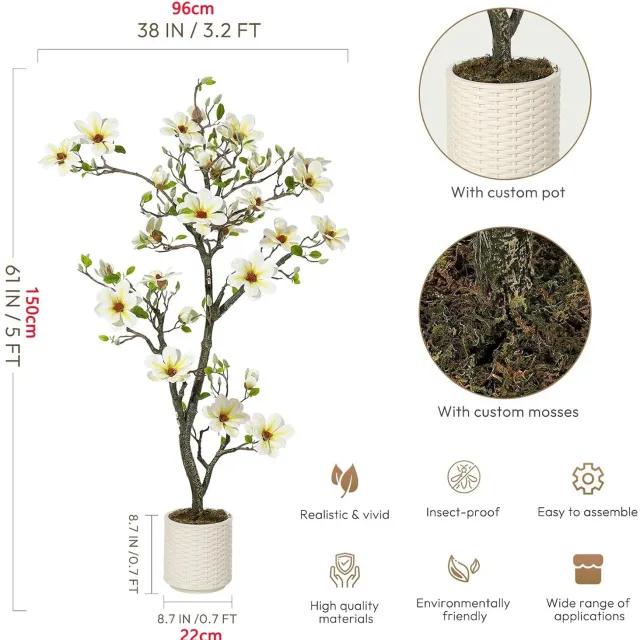 Lamor Kunst Magnolia - Kunstplant in pot - Kunstplanten voor binnen - Plant - Planten - Nepplant - Bloesemboom - 150 cm Wit, groen en bruin
