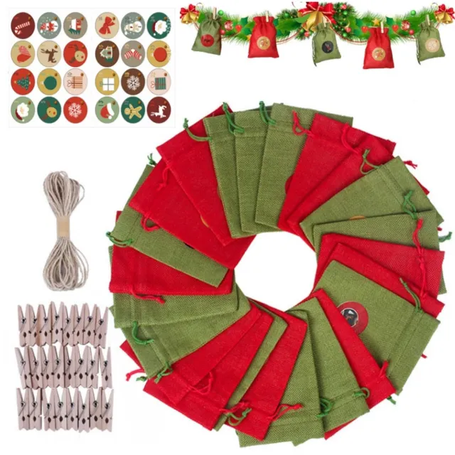 Oemmn 24 Stuks Adventskalender Zakjes - Kerstcadeauzakjes - Doe-het-zelf-zakken om zelf te vullen - Met nummeretiketten en 24 clips - Verrassingskalenderzakjes voor Kerstmis rood/groen