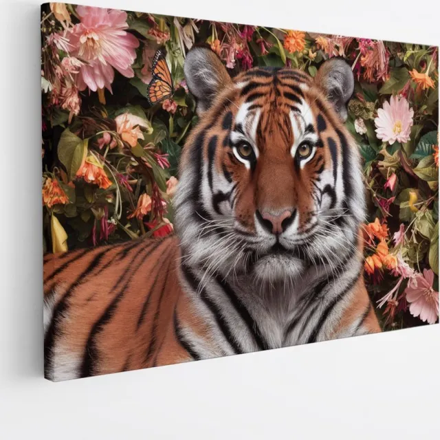 Saammp Canvas Schilderij - Tijger tussen de bloemen - Dieren - 60x40 - Foto op canvas - Wanddecoratie - muurdecoratie Woonkamer - Slaapkamer decoratie - Canvas Print multicolor