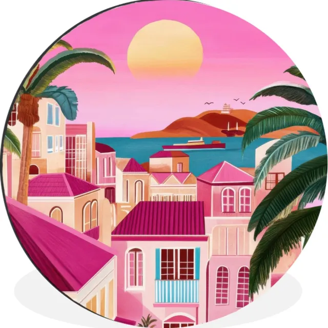 WallCircle Wandcirkel - Muurcirkel - Stad - Roze - Palmbomen - Aluminium - Dibond - 140x140 cm - Binnen en Buiten Stad - Zonsondergang