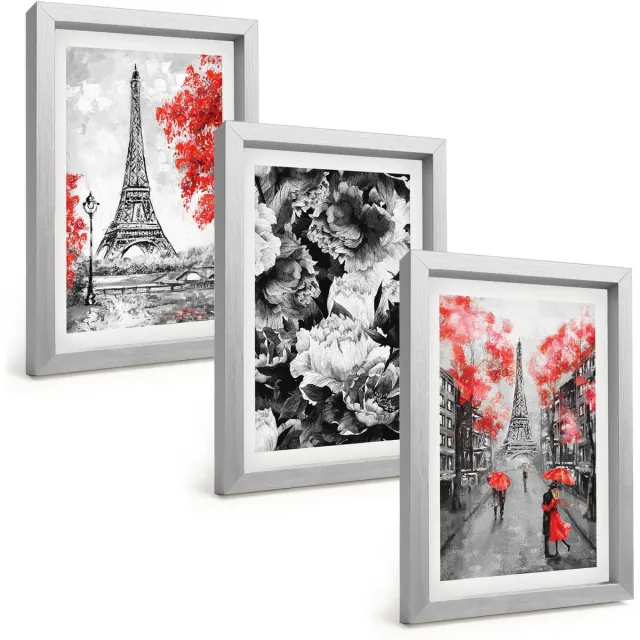 TULUP 4-Delige Schilderij Set - Eiffeltoren in grijs met rode accenten - 20 x 30 cm - Muurdecoratie - Interieur Decoratie - Woonkamer Decoratie Zilveren lijst