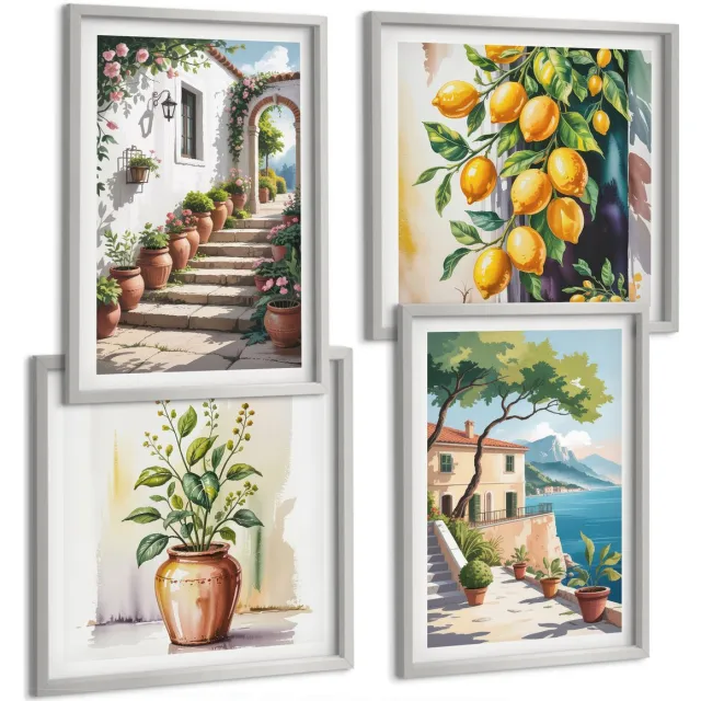 Coloray 4-Delige Schilderij Set - Citroenen Tegen Een Achtergrond Van Bloemen En Uitzicht Op Zee. - 40 x 40 cm En 40 x 60 cm - Muurdecoratie - Decoratieve Schilderijen - Wohnzimmer - Woonkamer Decoratie Zilveren lijst