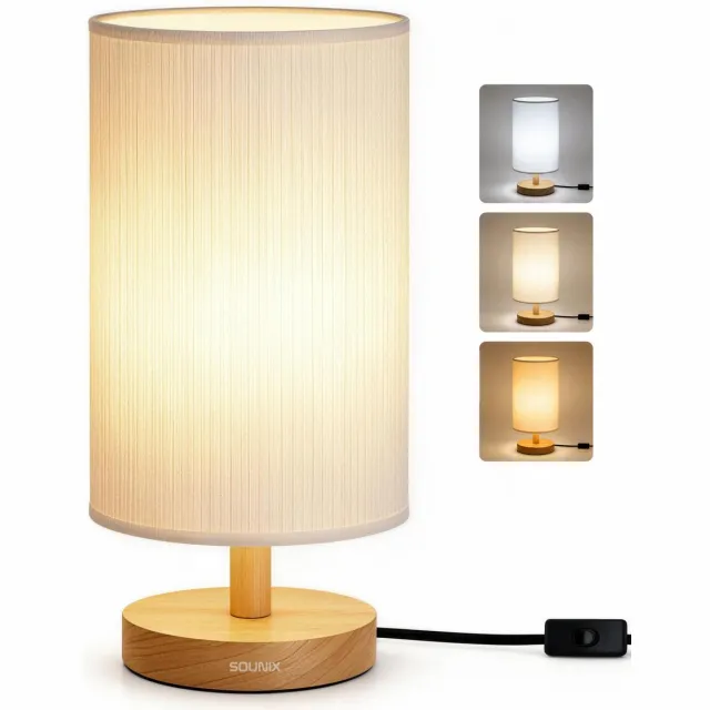 Sounix Tafellamp voor Nachtkastje - 3 Lichtkleuren 3000K/4000K/6000K - Inclusief E27 LED Lamp - Ronde Stoffen Lampenkap - Beige