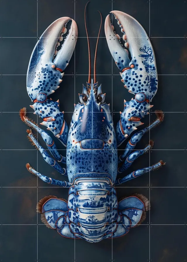 IXXI Delfts Blauwe kreeft - Zwart, Margriet Hulsker - 100 x 140 cm - Grote wanddecoratie en posters - Illustraties, Keuken, Eetkamer, Woonkamer Blauw / Koele tinten