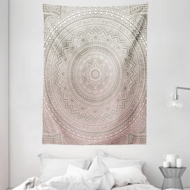 ABAKUHAUS Mandala Wandtapijt, Abstract Bloemenontwerp met Motieven uit de Zuidoostelijke Folklore, 110 x 150 cm, Lichtroze Wit Beige