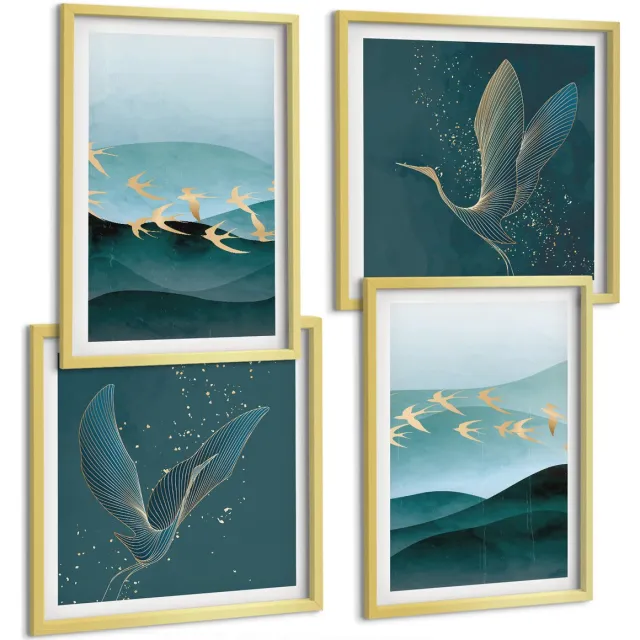 TULUP 4-Delige Schilderij Set - Abstracte landschappen met golven en vliegende vogels - 40 x 40 cm en 40 x 60 cm - Wanddecoratie - Schilderijen Set - Interieur - Muurdecoratie Gouden lijst