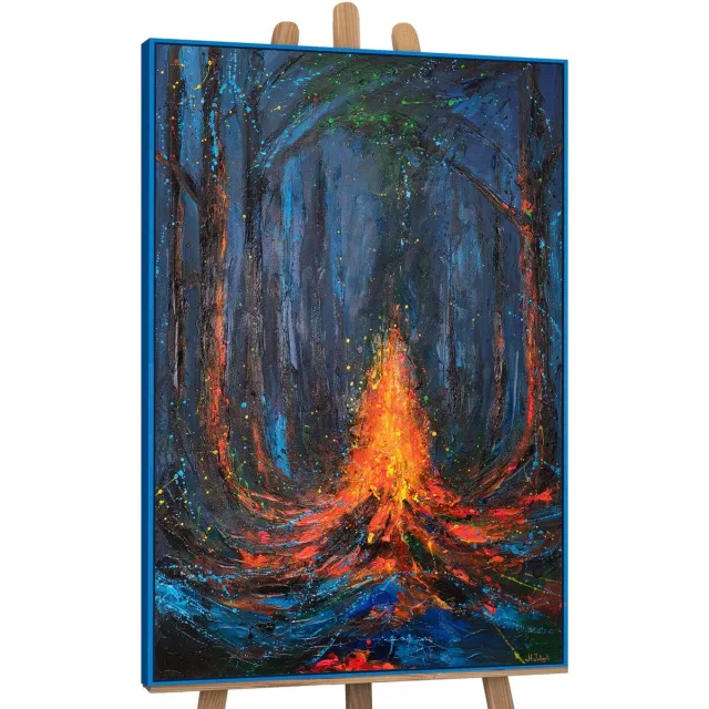 Canvas schilderij handgeschilderd song of fire abstract – YS-Art Gallery – Luxe wanddecoratie voor woonkamer – Modern schilderij voor slaapkamer en hal blauw
