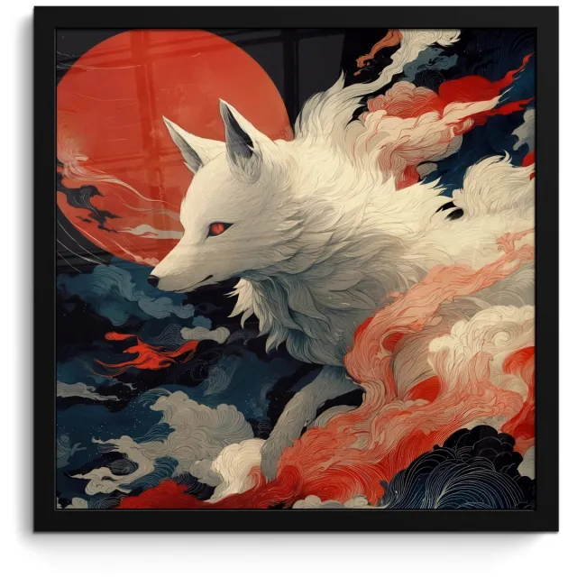 FrameYourWall Poster in lijst - Fotolijst 40x40 cm - Posters - Witte vos - wolken - maan - Posterlijst zwart - Decoratie - Wanddecoratie woonkamer - Muurdecoratie slaapkamer