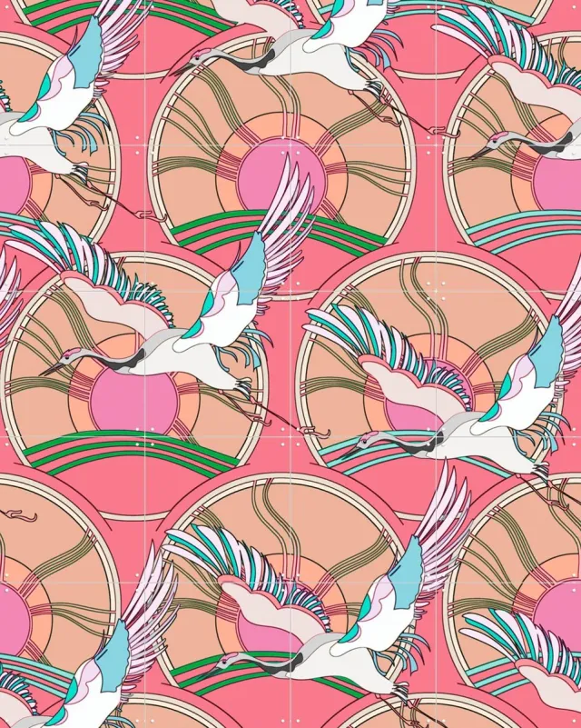 IXXI Crane Bird Pattern Pink, Marylène Madou - 80 x 100 cm - Grote wanddecoratie en posters - Speels, Art Nouveau, Illustraties, Digitale Kunst Roze
