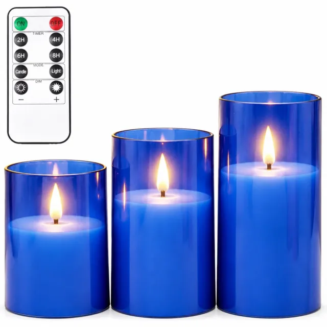 SWGOTA led kaarsen, 3 stuks per doos, blauw, verschillende hoogtes en druppelvormige vlamtop, met afstandsbediening en 1 knoopcel voor de afstandsbediening