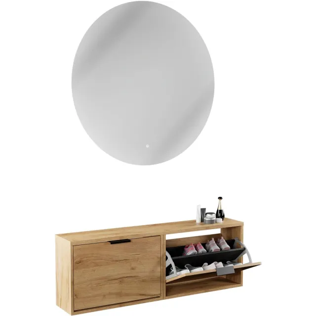 Planetmöbel STIVIO - Schoenenkast 60 cm - Goud eiken - Set van 2 - Met LED-spiegel NOVA ⌀ 100 cm 1 klep, Goudeiken, Nova 100cm