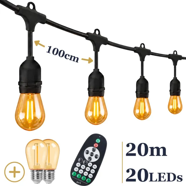 Odaily S14 Lichtsnoer 20m - 20 LEDs Amber - IP65 - Extra Warm Wit Licht - Dimbaar - Premium Kwaliteit