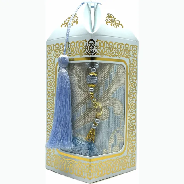 mirac Geschenkset Bade met een gebedskleed en een parel tasbih in een luxe kartonnen box blauw Licht blauw