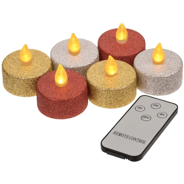 Out of the Blue LED Theelichtjes met Afstandsbediening – Set van 6 – Rood, Zilver & Goud Glitter – Met Timer (4H/8H) – Inclusief Remote Control Multikleur