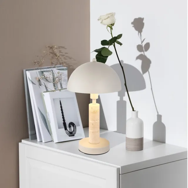 Globo Lighting Tafellamp, bijzetlamp, textiel, zandkleurig, tafellamp, woonkamerlamp, travertijn, metaal, 1x E14-fitting, DxH 20x34 cm
