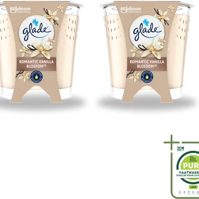 Glade 2 x Glade - Geurkaars Romantic Vanillebloesem - 100% Raapzaadwas & Vegan - 112 g - Grootverpakking - Vaatwasstrips - Romantische Kaars - Geurkaars - Vegan Kaars - Warme Geur - Amber Geur crème