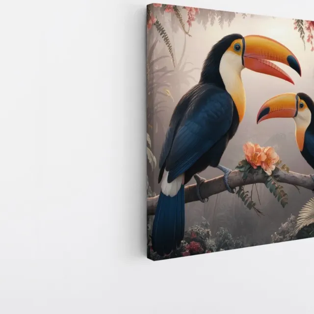 Saammp Canvas Schilderij - Abstracte Toekans tussen de bloemen - Dieren - Natuur - 20x20 - Foto op canvas - Wanddecoratie - muurdecoratie Woonkamer - Slaapkamer decoratie - Canvas Print Multicolor