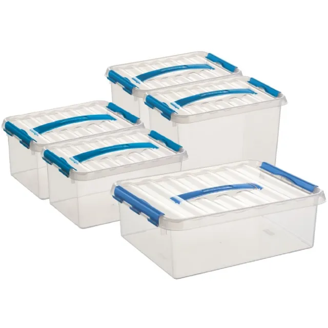 Sunware Q-Line opberg boxen set van 5x stuks - 3 maten - 6-9-12 liter - kunststof - transparant/blauw