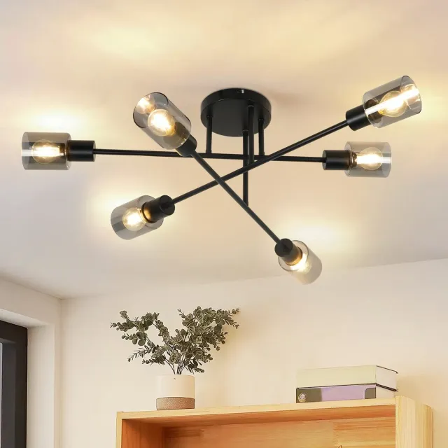 NETTLIFE Plafondlamp E14 - rond - 6-Lichts - cilinder Plafondspot - met glazen Lampkap - zwart - Moderne Ganglamp - voor Keuken | Hal | Woonkamer - zonder lamp - L 74.2cm