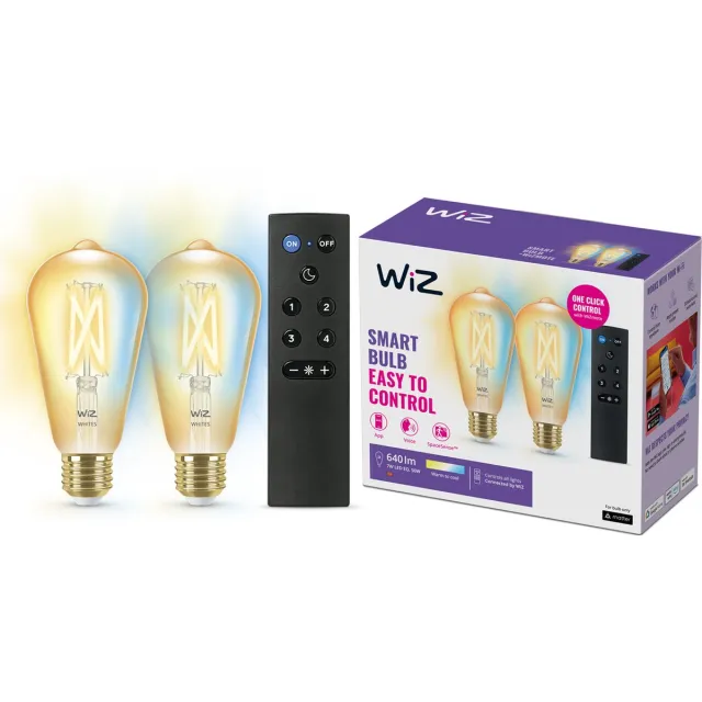 WiZ Filament Lamp Edison - 2-pack + Afstandsbediening - Warm- tot Koelwit Licht - Slimme LED Verlichting - E27 fitting - 50W - Goud - Wi-Fi