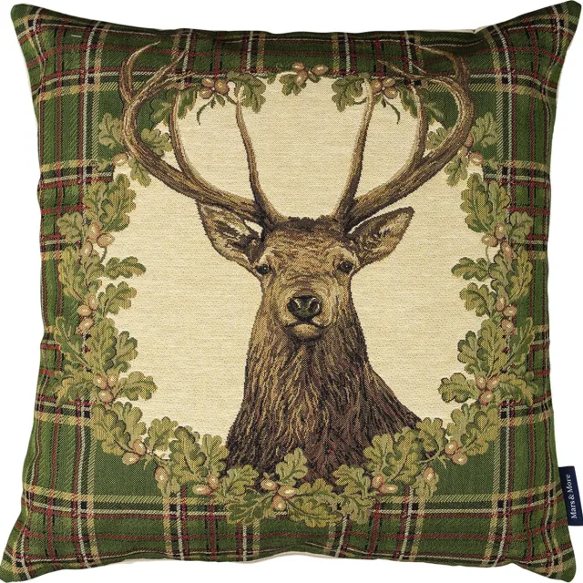 Mars & More Gobelin kussen hert - groen ruit - 45 x 45 cm Multi