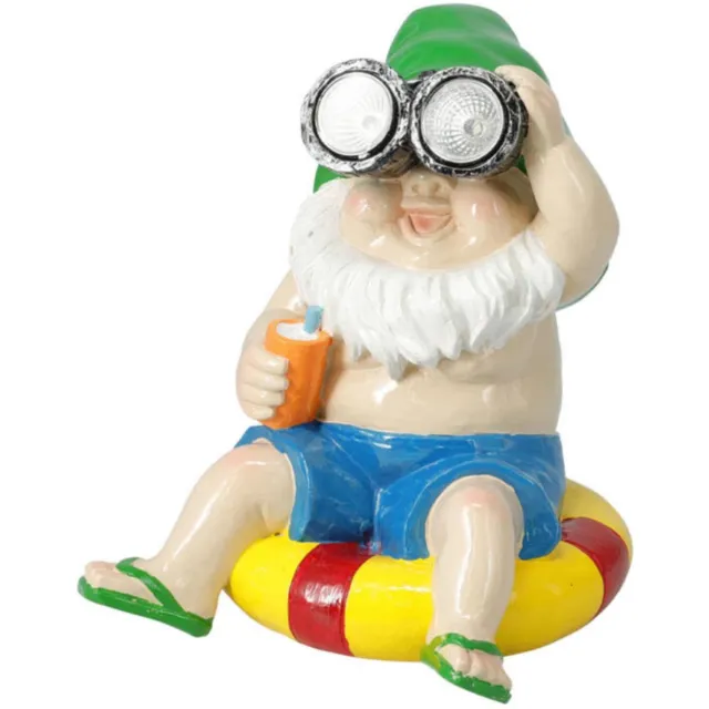Pro Garden tuinkabouter beeldje Summer Party - man op zwemband - 23 cm - dwergen - Oplichtende Solar ogen - polystone - decoratie Groen