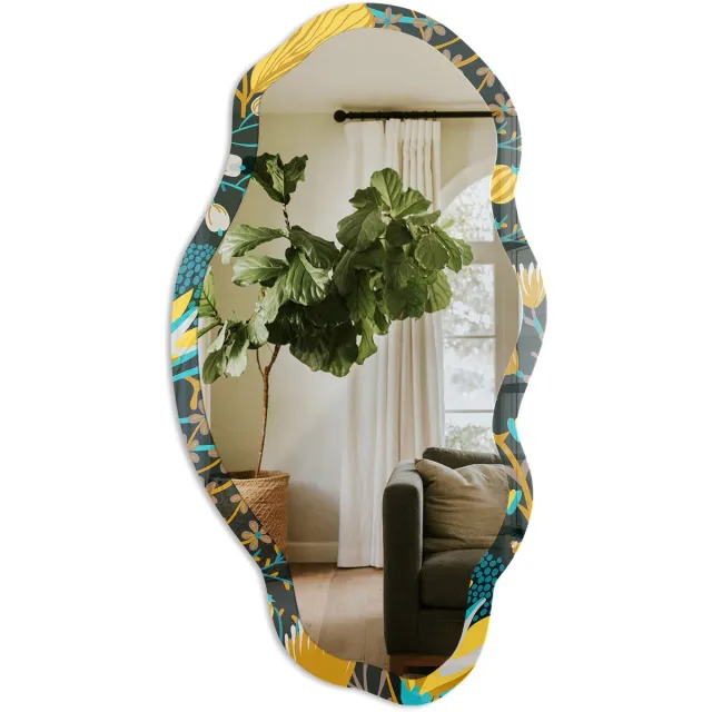 TULUP Plantenpatroon Spiegel - Zwart Moderne Rechthoekige Wandspiegel - Organische Spiegel - Slaapkamer, Woonkamer, Kantoor - Illustratief - 45x90 cm - Totale afmeting 52x97 cm PlantenpatroonPatroon, Zwart