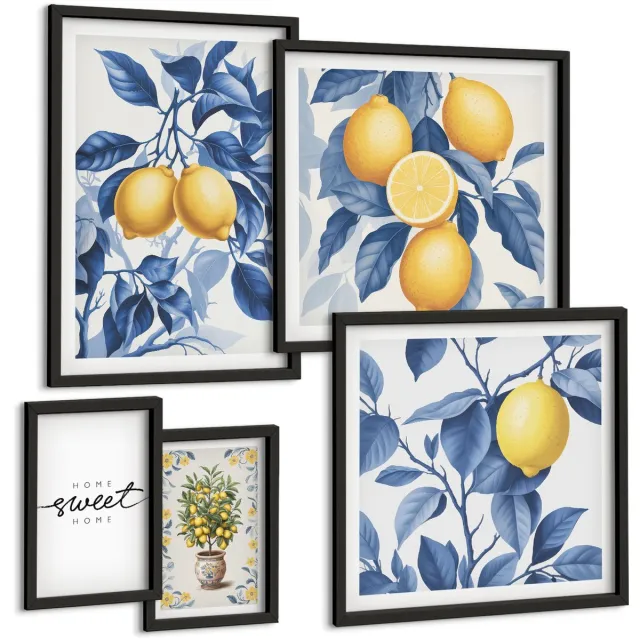Coloray 5-Delige Schilderij Set - Citroenaccenten In Rustieke Stijl Voor Interieurs - 50 x 50 cm, 20 x 30 cm En 40 x 60 cm - Wanddecoratie - Woonkamer Decoratie Zwarte lijst