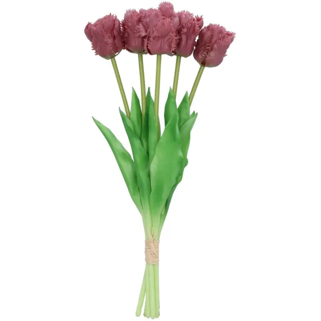 DK design Kunst tulpen boeket - 5x stuks - aubergine paars - real touch - 39 cm - levensechte kunstbloemen