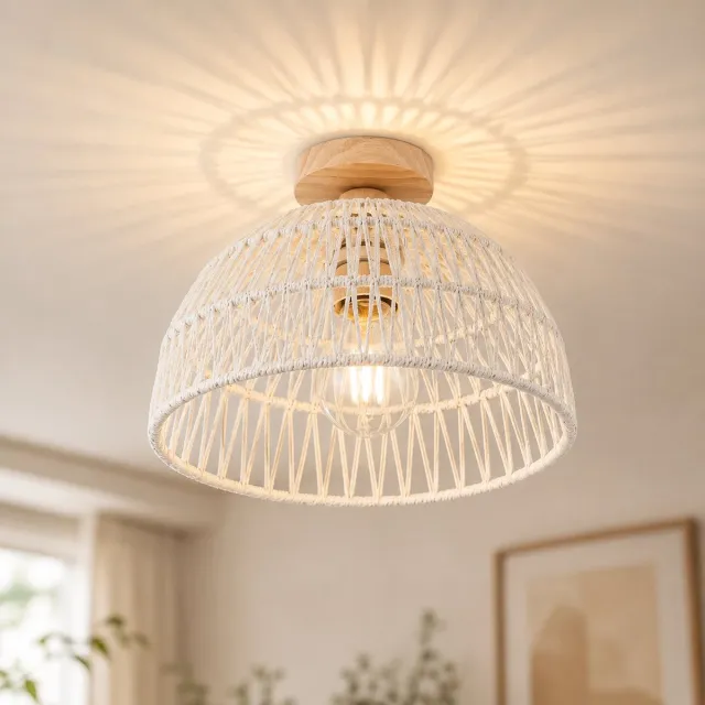 Clarvel Madera Plafondlamp Rotan Wit - Boho Plafondlamp - Houten Plafondlamp - E27 Plafondverlichting - Moderne Rotan Lamp voor Woonkamer, Slaapkamer, Hal en Eetkamer Bamboe