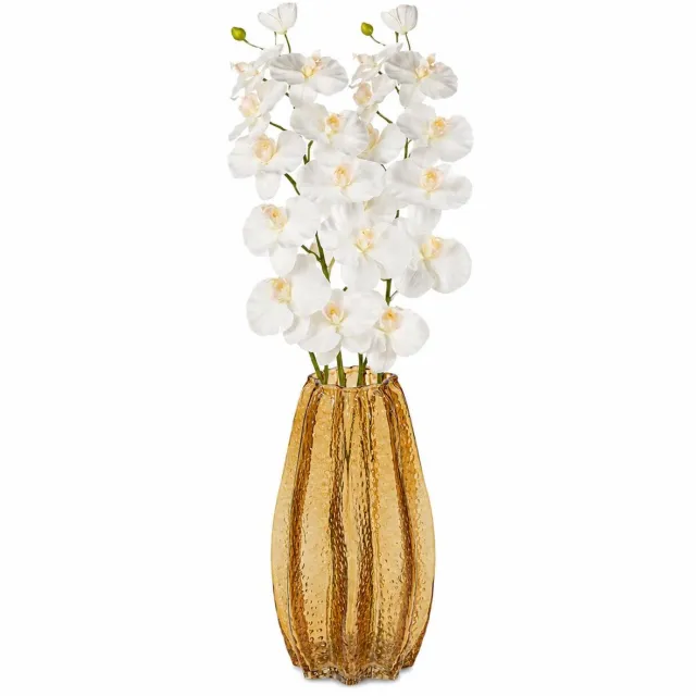 Mega Collections Bloemenvaas Callas - bewerkt sier glas - D12 x H30 cm - transparant amber geel - boeket en stelen - Moderne stijl