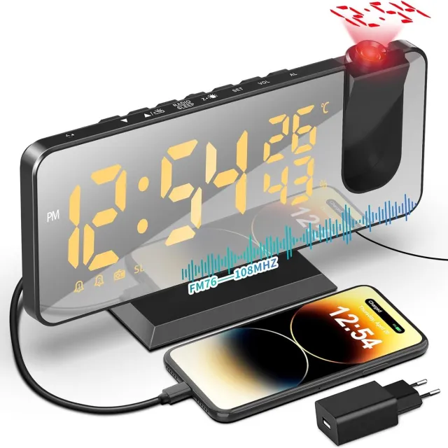 meerklose Digitale klok,wekker,Projectiewekker met 4 Helderheidsniveaus Temperatuurklok met Projectie Dual Alarm 12/24 Uur USB-Poort