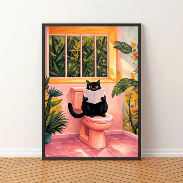 26 Walls Foto op poster - Zwarte kat op toilet - A3 – 29,7 × 42 cm - Badkamer Toilet decoratie - Humoristische dierenprint - Wanddecoratie - Exclusief fotolijst roze