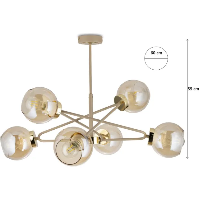 HowHomely Kroonluchter - Beige - Galvanisch Goud - Amber Glas Beige;Galvanisch Goud;Amber