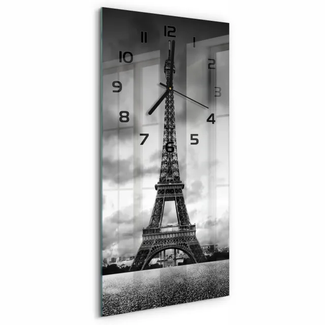 TULUP Wandklok - Eiffeltoren Parijs Klok Glas Met Opdruk - 30x60 cm - Zwart-wit Moderne Wandklok Glas - Zwarte handen - Rechthoekige Klok - Decoratieve Glazen Klok - Glazen Wandklok Design