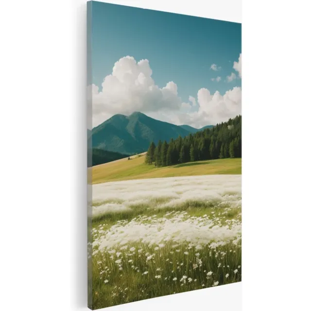 Saammp Canvas Schilderij - Landschap - Witte bloemenveld met naaldbomen - Natuur - 20x30 - Foto op canvas - Wanddecoratie - Muurdecoratie Woonkamer - Slaapkamer decoratie - Canvas Print Multicolor