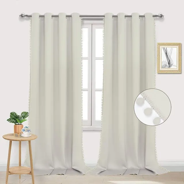 Hoomall Ondoorzichtig gordijn, beige gordijn met ringen, thermogordijn, verduisteringsgordijn, koudebescherming, warmte-isolerend, geluidswerend gordijn met pompons, voor woonkamer, H 245 x B 140 cm, set van 2