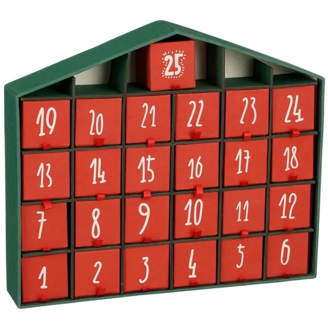 House of Seasons Adventskalender - L5 x B33 x H28 cm - Gerecycled Papier - Rood, Groen