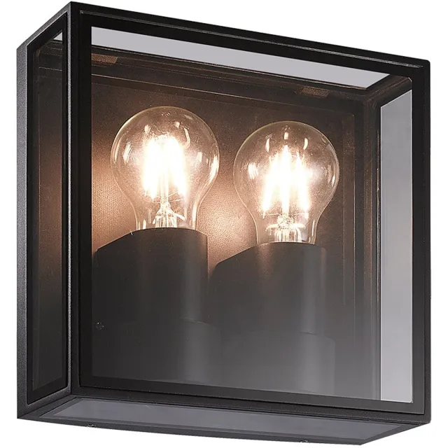 Fantasia Kelso buitenwandlamp met 2x E27 fitting, mat zwart aluminium en glas, IP65, 220 x 220 x 82 mm, lichtbron niet inbegrepen