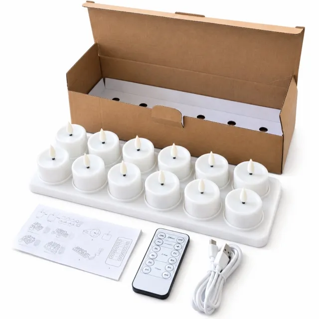 SWGOTA led kaarsen - 12 oplaadbare theelichtjes, wit met matte afwerking, USB-C, inclusief basis met 12 plaatsen, afstandsbediening en laadkabel
