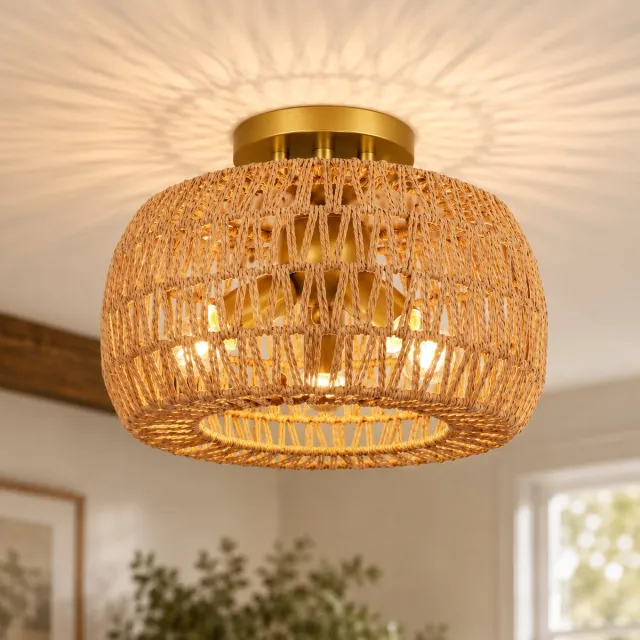 MUPOO Landelijke Rotan Plafondlamp 3-Lichts – Boho Plafonnière Ø35 cm– Inclusief 3 LED Lampen – plafondverlichting Voor Woonkamer, Eetkamer, Slaapkamer en Keuken goud