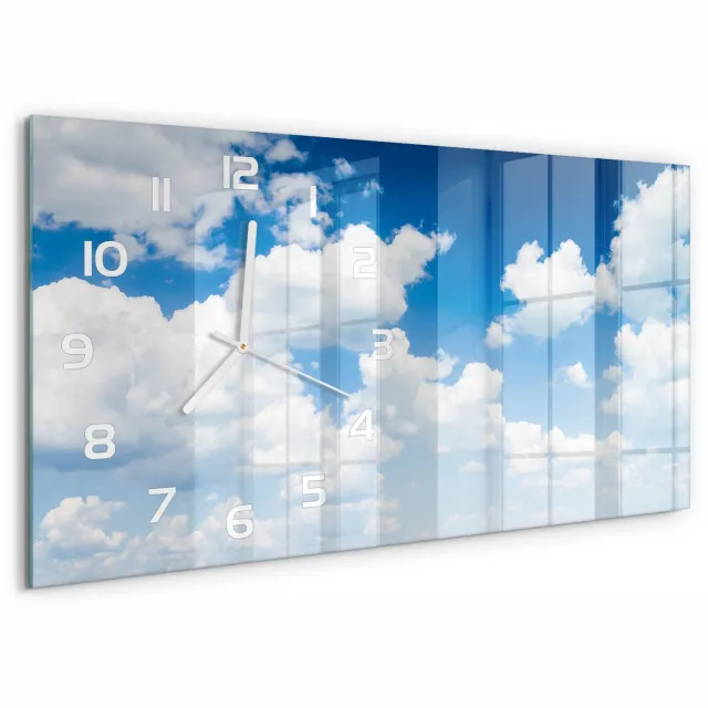 TULUP Wandklok - Wolken aan de hemel Decoratieve Glazen Klok - 60x30 cm - Blauw Glazen Wandklok Design - Witte handen - Rechthoekige Klok - Glazen Klok Met Print - Wandklok Glas Met Motief