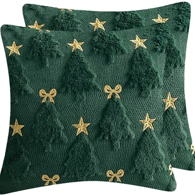 Flintry Kerst Kussenhoezen 45x45 cm (Set van 2) - Luxe Groene Pluche Kussenslopen met 3D Kerstboom & Gouden Details - Zachte Sierkussenhoezen voor Bank & Woonkamer
