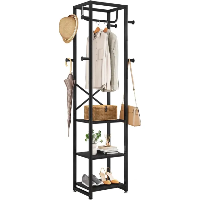 IBUYKE Kapstok, vrijstaande kapstok met 3 planken en 8 haken, industriële kledingstandaard voor entree, hal, slaapkamer, 180 x 40 x 30 cm, zwart