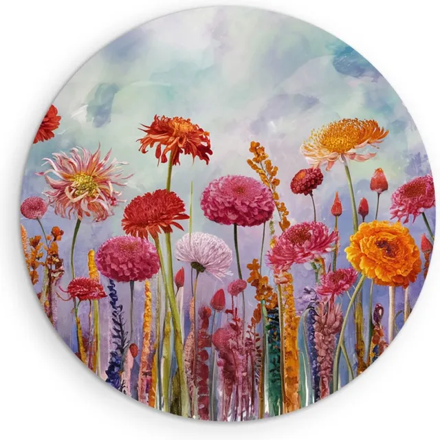 Saammp Muurcirkel Hout - Abstract Kleurrijk Bloemlandschap - Abstract - Ø 40 - Wandcirkel - Wanddecoratie Cirkel - Muurdecoratie Woonkamer - Kantoor Decoratie