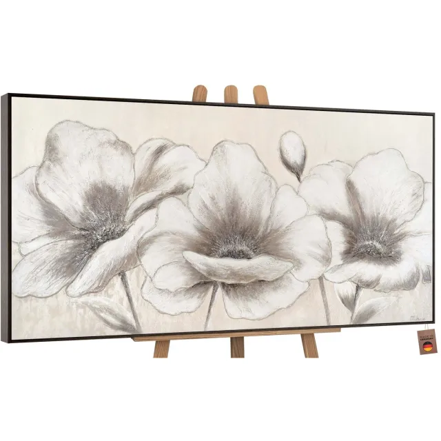YS Canvas schilderij groot handgeschilderd bloemen II botanisch kleurrijk – YS-Art Gallery – Luxe wanddecoratie voor woonkamer – Modern schilderij voor slaapkamer en hal Grey