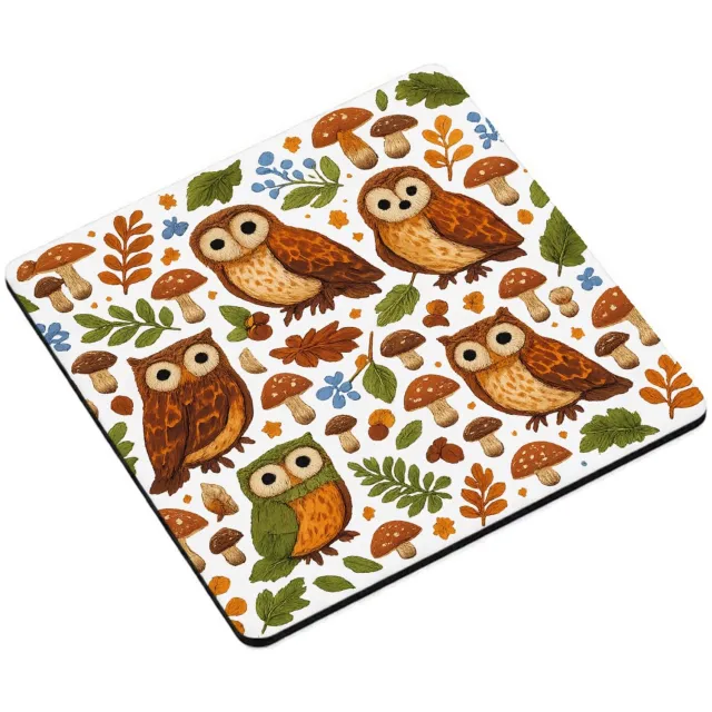 Mr Cadeautjes MDF magnetische fotolijst vierkant 9,5 - design Een avondlijk bospatroon met uilen, paddenstoelen en bladere | cadeau Wit