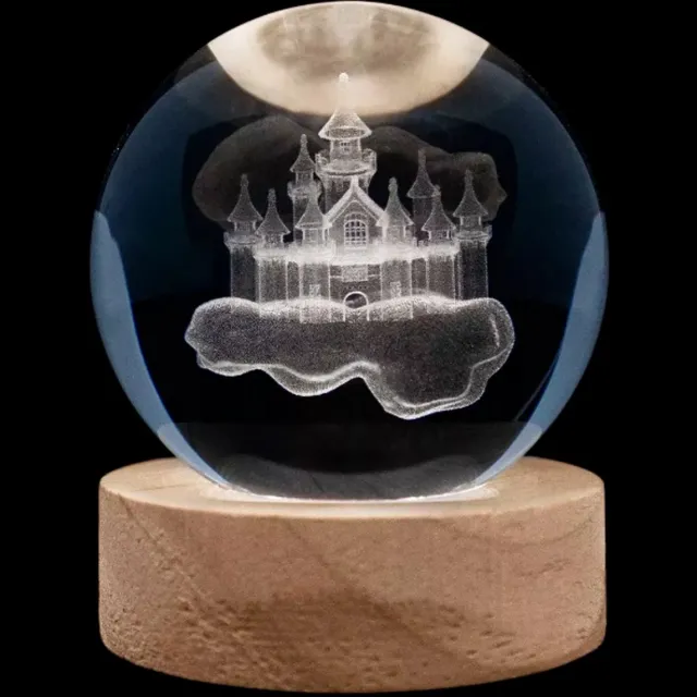 BROSSÈLLES 3D Kristal Kasteel Lamp | LED Sfeerlicht met Houten Basis | Glasbol Nachtlampje – Magisch Sprookjesdecor & Uniek Cadeau - 8 cm transparant-Kasteel