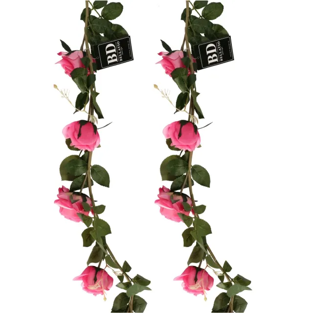 Bellatio Design Kunstbloem slinger rozen - 2x - 145 cm - roze - bruiloft versiering - guirlande - decoratie