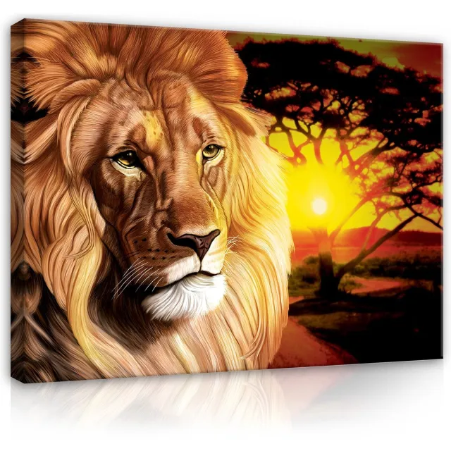 Canvas Schilderij - Leeuw - Savanne - Natuur - Wild - Roofdier - Tijger - Zonsondergang - Dieren - Schilderij Woonkamer - Schilderijen op canvas - Inclusief Frame - 100x75cm (LxB) Leeuw - goud